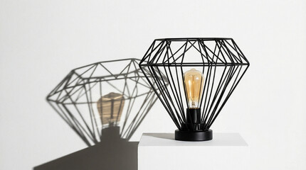 Fototapeta premium Black geometric diamond-shaped lamp casting shadow on white background 
