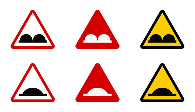 Speed Bump Red Black and Yellow Triangle Warning Road Sign Icon Set. Vector Image.