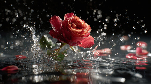 Beautiful red rose splashing in water with falling petals, creating a refreshing and romantic scene