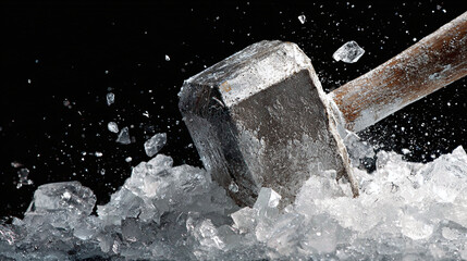 Breaking Through: An impressive shot captures a hammer's powerful impact as it smashes into a pile of ice, sending fragments flying and conveying a sense of intense force and transformation