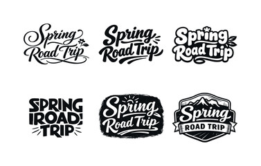 Fototapeta premium Harmonious Lettering Variations. Spring Road Trip Quote. Set lettering. harmonious lettering variations of the same emblematic concept, each with different