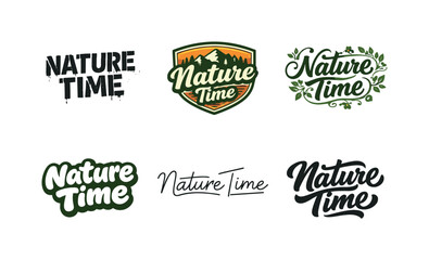 Obraz premium Nature Lettering Variations. Nature Time. Set lettering. harmonious lettering variations of the same emblematic concept, each with different artistic