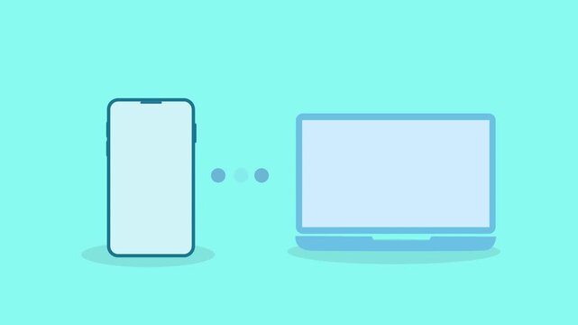 Flat minimal illustration of a smartphone sending data to a laptop with dotted connection, representing wireless file transfer, device sync, and cross-device communication.
