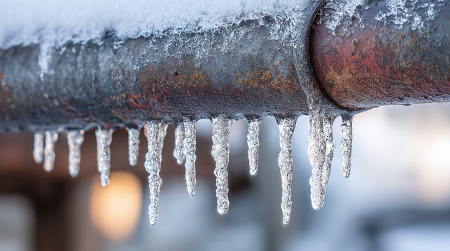 Close up of frozen pipes covered in ice and icicles during a winter storm, highlighting the dangers of extreme cold