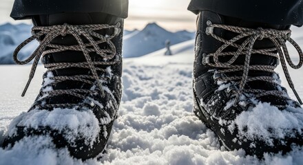Close-up of snow covered hiking boots.