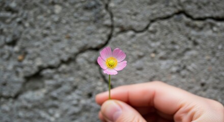 Hand holding small purple flower growing.