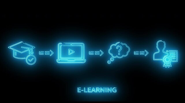 Neon-lit e-learning concept with icons of education, video, search, and people on a black background