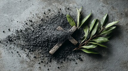 A symbolic representation of Ash Wednesday with ash and palm leaves on a grey background