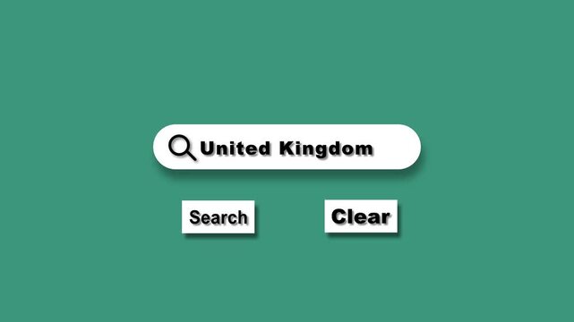 Abstract place search bar concept, Search for united kingdom text and search clear buttons looped animation. Search icon with magnifying glass on teal green screen.