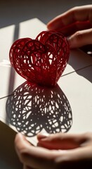 Hands holding red heart shaped wire sculpture.