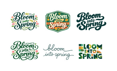 Obraz premium Spring Lettering Variations. Bloom into Spring. Set lettering. harmonious lettering variations of the same emblematic concept, each with different artistic