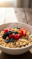 Healthy breakfast bowl with oatmeal berries.