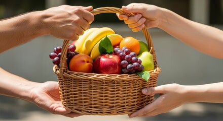 Two hands holding a basket fruit.