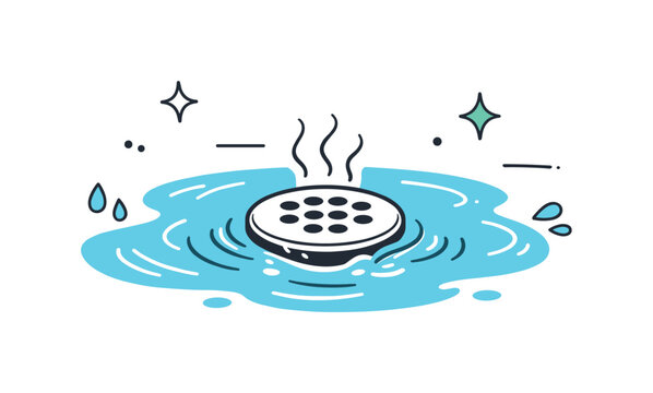 Clogged Shower Illustration. Clogged shower drain. Shower floor with water pooling around the drain, minimal bathroom details, calm and relatable situation.