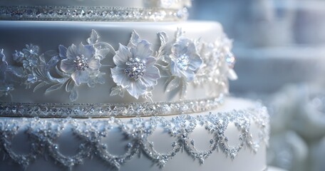 Elegant Wedding Cake with Intricate White Floral and Sparkling Crystal Decorations, featuring subtle cinematic lighting and luxurious detail.