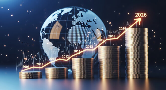 Golden coin stacks demonstrate consistent financial growth, charting progress from 2005 to an impressive 2026.