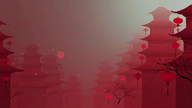 Misty oriental landscape with traditional red pagodas and festive hanging lanterns, evoking a serene and celebratory atmosphere for cultural festivities and prosperous beginnings