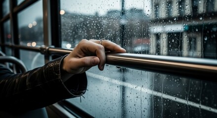 Person holding bus pole on rainy day.