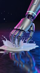 Robot hand splashing milk digitally created.