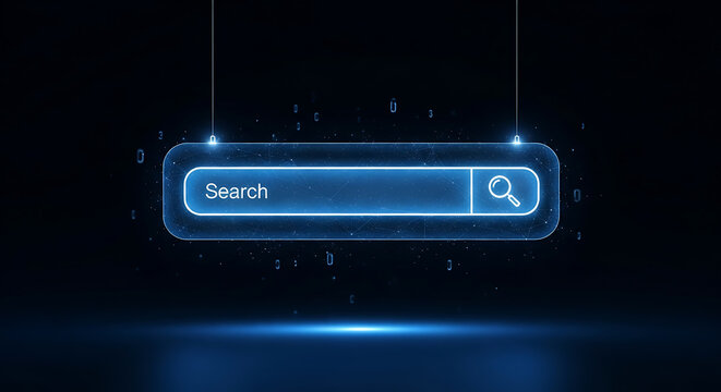 A futuristic blue neon glowing search bar hangs suspended in a dark digital space.