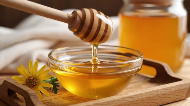 A glass bowl of honey with a honey dipper and a yellow flower on a wooden tray with a jar of honey in the background