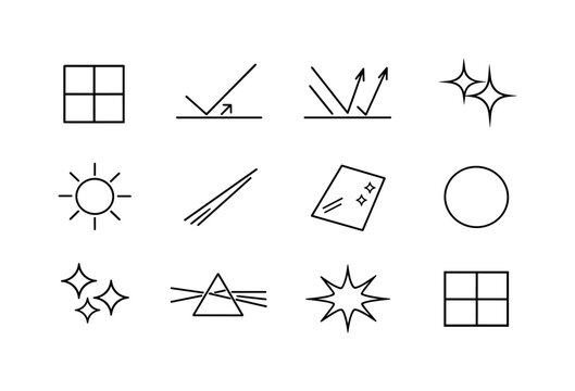 Light Reflections Icons. Light Reflections. Line icon set of Light Reflections: window pane, light beam, reflected rays, glare lines, sun reflection, angled