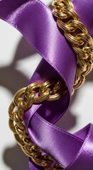 Purple satin ribbon with gold chain.