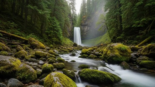 A misty waterfall flowing into a rocky stream surrounded by mossy boulders and dense evergreen trees in a misty forest