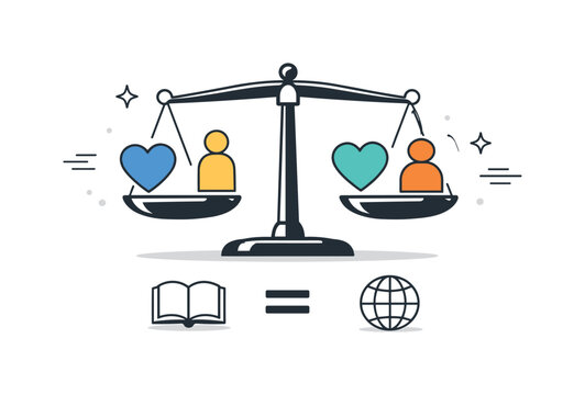 Balance of Justice. Justice and Equality. Abstract scales paired with equal shapes on both sides, visually expressing impartiality and human rights. Clear