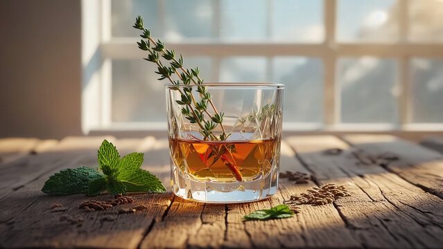 A glass of shrub soda with ice cubes, garnished with fresh mint and thyme. The drink has a rich amber color, placed on a wooden table near a window.