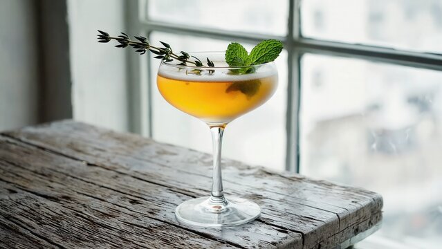 A glass of shrub soda with fruit syrup and ice cubes. Fresh mint and lavender garnish on top. Set on a rustic wooden table near a window.