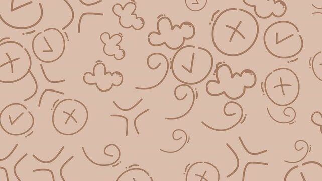Seamless pastel beige hand drawn pattern featuring abstract organic shapes swirls doodles and simple clock motifs ideal for backgrounds wallpapers fabric and packaging.