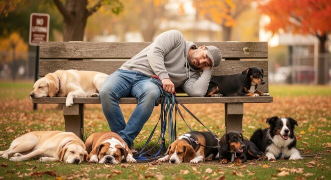Man resting with multiple dogs outdoors.