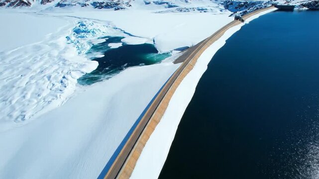 Aerial view of a road crossing a frozen lake with snow-covered landscape and icy terrain