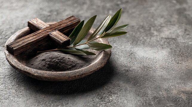A wooden cross and olive branch in a bowl of ashes for Ash Wednesday