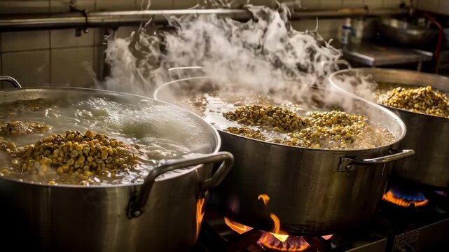 Medium shot of industrialstyle stainless steel kettles simmering corn in an alkaline bath with visible steam and glowing gas burners beneath highlighting authentic culinary