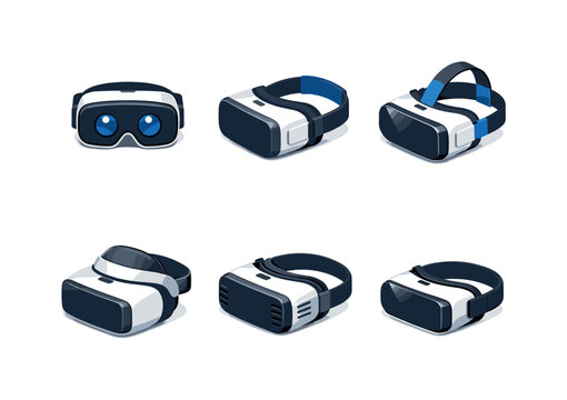 Virtual Reality Icons Grid. Virtual Reality. Isometric flat vector icons set of Virtual Reality: VR headset front view, VR headset side view, VR headset with