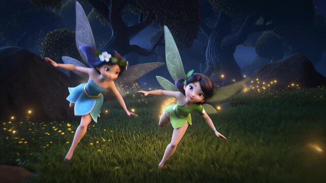Two animated women fairies flying through a magical forest at night, surrounded by glowing lights, fantasy cartoon concept, Animation
