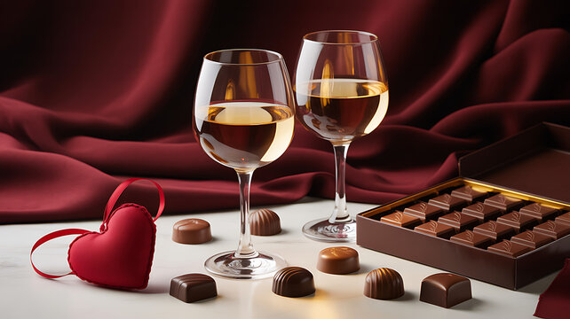 Luxury wine glasses with white wine and a box of assorted chocolates on a table for romantic date and chocolate day