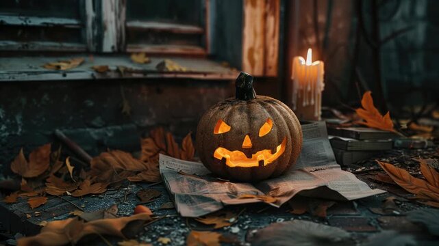 Video A jack-o-lantern sitting atop a pile of fallen leaves, perfect for autumn or Halloween themed designs