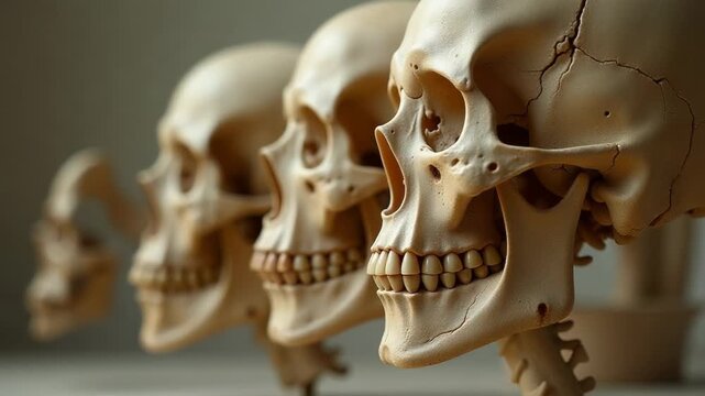 Video A group of skulls arranged on a table, great for use in horror-themed designs or to represent mortality