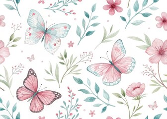 Fototapeta premium Delicate watercolor seamless pattern of pink and blue butterflies and soft pink flowers on a white background, capturing springtime beauty