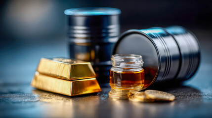 Gold bars and crude oil sample vial with barrels and coins, energy commodities trading and finance concept