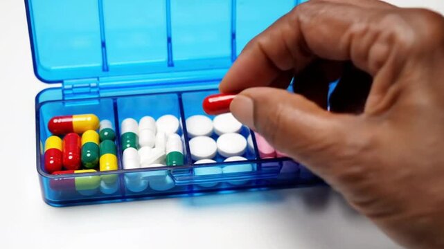 Hand of senior person taking pill from blue pill box on white background