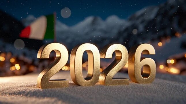 Golden numbers 2026 in snow with an Italian flag in the background. The scene captures a winter atmosphere, symbolizing international sports winter competitions