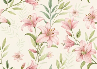 Fototapeta premium Lush watercolor seamless pattern of pink stargazer lilies and green leaves, elegant floral background for fabric or decor