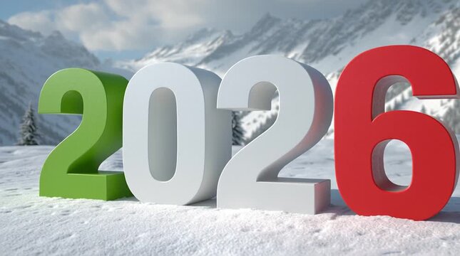 Large 2026 numbers in green, white, and red colors on a snowy landscape. Mountains in the background. Represents Italy and winter sports competitions.