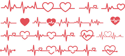 Red heartbeat line collection with heart symbol, cardiology, medical pulse, ECG, EKG design, healthcare clipart vector illustration, health monitoring, digital heartbeat graphics © SK 2008