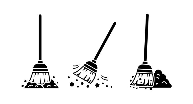 Set of three black and white icons depicting brooms sweeping dirt and debris on a white background