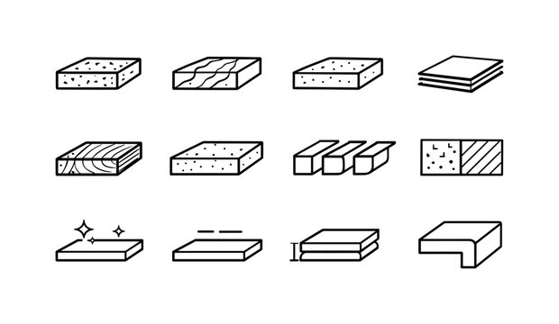 Countertop Icon Set. Countertop Materials. Line icon set of Countertop Materials: granite slab, marble slab, quartz surface, laminate sheet, wood countertop,